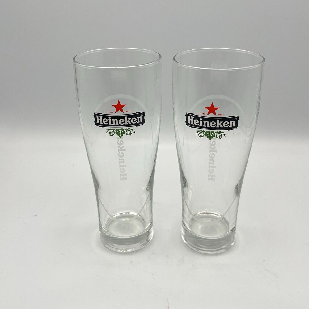 2x Heineken Pilsner Beer Glass .25L Red Star Etched Logo Collectible Barware